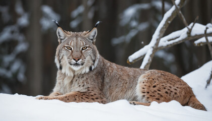 Obraz premium soft fur of a resting lynx in the snow