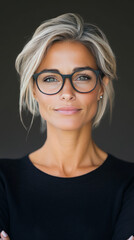 Fototapeta premium A woman with blonde hair and glasses looks directly at the camera with a confident expression.