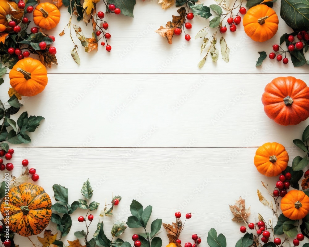 Poster Autumn decor with pumpkins berries and leaves on a white wooden background flat lay composition with copy space