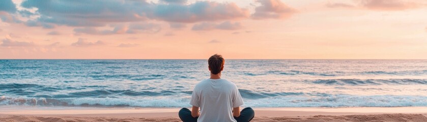 Fototapeta premium Person meditating by the ocean during sunset, peaceful and serene atmosphere, relaxing moment by the sea.