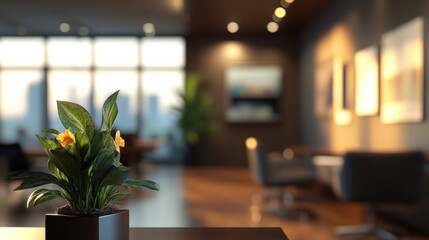 Fototapeta premium A modern office interior featuring a potted plant in focus, with a blurred background.