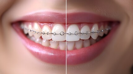Obraz premium Before and after timeline showing monthly progress of teeth alignment during braces treatment, with each month's subtle improvement captured