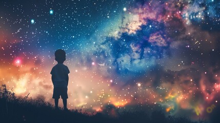 Naklejka premium Illustration of a kid under a universe starry sky.