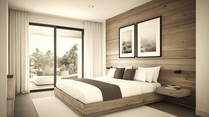 Fototapeta premium A modern bedroom with a wooden bed frame, white linens, and a view of the outdoors. The room has a minimalist design with a focus on natural materials.