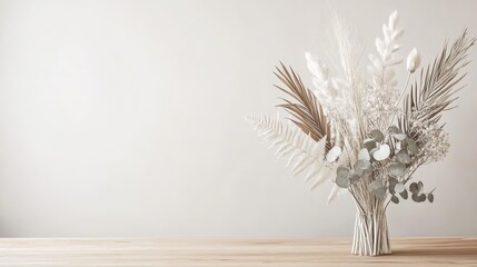 Christmas home decor in minimalist modern style with dry bouquet of reeds herbs spikelet fern eucalyptus palm leaves painted in white color on wood table in light interior copy space vertical