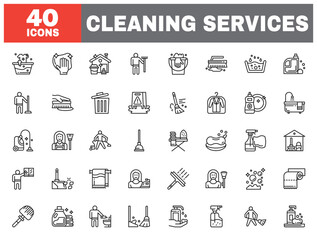 Set of 40 line icons cleaning services. Outline icon collection. Editable stroke. Vector illustration.