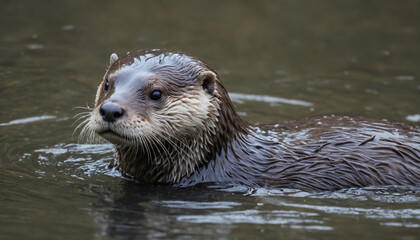 Fototapeta premium wet fur of an otter swimming in a river