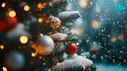 A beautifully decorated Christmas tree adorned with shimmering ornaments and twinkling lights, surrounded by falling snowflakes, creating magical winter atmosphere