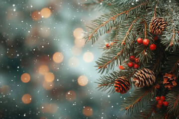 A beautiful Christmas tree branch adorned with pine cones and red berries, surrounded by softly falling snowflakes. blurred background creates magical winter atmosphere