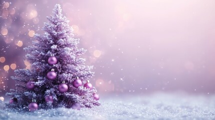 Adorable purple Christmas tree, light blue background, decorated with pastel pink baubles, gentle sparkle, charming and minimal illustration.