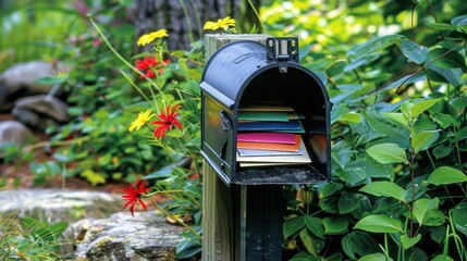 Colorful Mailbox Surrounded by Lush Garden Flowers