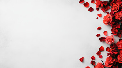 Red roses and petals arranged on a white background, creating a romantic and elegant border.