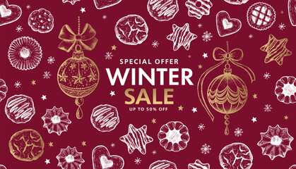 Winter sale, Christmas Cookie and ball set on red, Hand drawn illustration.	
