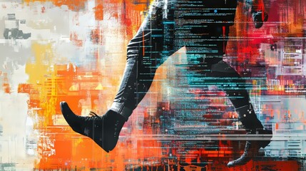 Contemporary art collage abstract art with male leg kicking code image overcoming difficulties developing secure data concept of it business data science coding occupation modern technologies