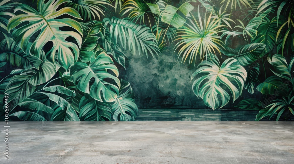 Sticker Lush Tropical Leaf Mural with Concrete Floor