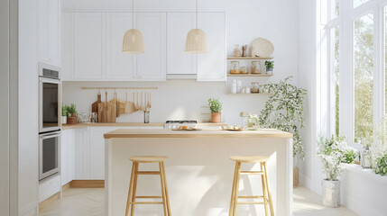 A bright and airy kitchen featuring wooden island, two stools, and stylish pendant lights. space is adorned with plants and natural decor, creating warm and inviting atmosphere