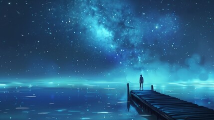 Illustration of a person standing on a wooden dock way path at riverside under a starry night sky.
