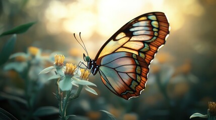A butterfly with one wing shimmering in vibrant colors and the other transparent, resting on a delicate flower, captured in a gentle morning breeze.
