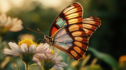A butterfly with one wing shimmering in vibrant colors and the other transparent, resting on a delicate flower, captured in a gentle morning breeze.