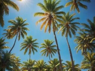 A bright, sunny tropical sky with palm trees standing tall against a vivid blue sky, their leaves catching the soft morning light
