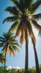 Obraz premium A bright, sunny tropical sky with palm trees standing tall against a vivid blue sky, their leaves catching the soft morning light 