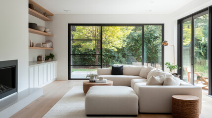 Fototapeta premium A modern living room featuring spacious sectional sofa, large windows, and natural light. minimalist design includes wooden shelves and greenery, creating serene atmosphere