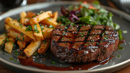 Chateaubriand Steak Frites with grilled beef tenderloin, crispy French fries, green peppercorn sauce, and a mixed greens salad, in an upscale setting with red wine.