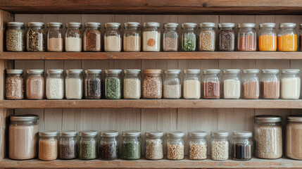 A well organized shelf displays an array of jars filled with various spices, grains, and ingredients, showcasing vibrant collection that adds flavor to any kitchen