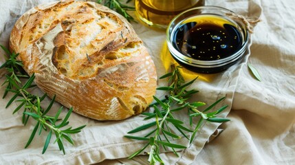 Fresh Bread with Olive Oil and Herbs on Linen Cloth