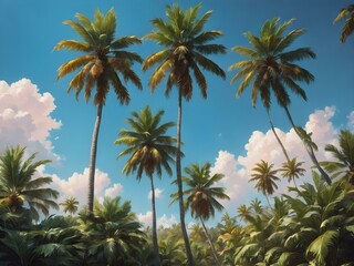 Fototapeta premium A bright, sunny tropical sky with palm trees standing tall against a vivid blue sky, their leaves catching the soft morning light 