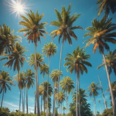 A bright, sunny tropical sky with palm trees standing tall against a vivid blue sky, their leaves catching the soft morning light
