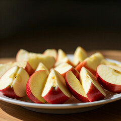 red apple on a plate. close up of slice of apple in a plate. tasty delicious healthy food slice of apple in plate.