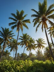 A bright, sunny tropical sky with palm trees standing tall against a vivid blue sky, their leaves catching the soft morning light

