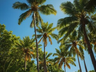 Obraz premium A bright, sunny tropical sky with palm trees standing tall against a vivid blue sky, their leaves catching the soft morning light 
