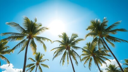 Obraz premium A bright, sunny tropical sky with palm trees standing tall against a vivid blue sky, their leaves catching the soft morning light 