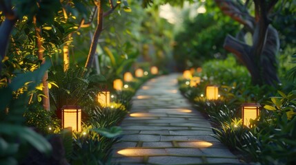Serene Garden Pathway with Lanterns Illuminated at Night