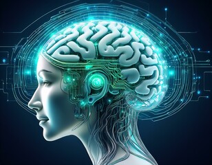 Obraz premium IA y aprendizaje automático: Un cerebro hecho de circuitos y redes de datos.
