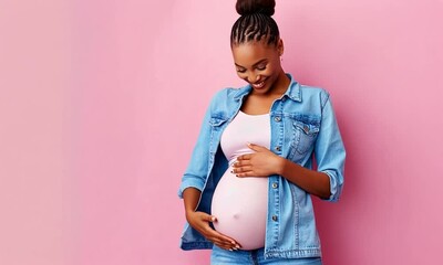 A joyful pregnant african american woman stands against a soft pink background, gently holding her belly while wearing a denim shirt. Her warm smile reflects happiness and anticipation of motherhood. - Powered by Adobe