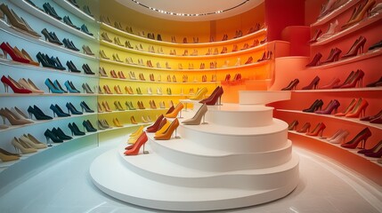 A boutique shoe display set in a circular pattern, shoes organized by color gradient, from vibrant heels to sleek monochrome flats, elegant lighting