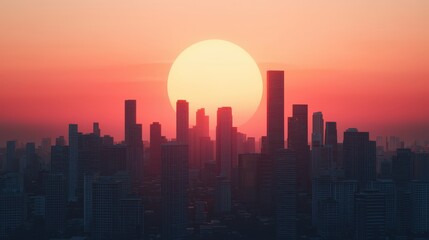 Fototapeta premium Urban Heatwave Sunset Silhouette Cityscape Skyline Red Sky