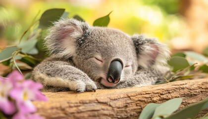 Obraz premium Baby koala sleeping peacefully on a eucalyptus tree branch