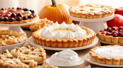 Delightful assortment of pies, including pumpkin, berry, and apple, is beautifully displayed on table