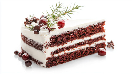 A slice of Christmas cake with red sponge, topped with whipped cream, berries, and a sprig of pine