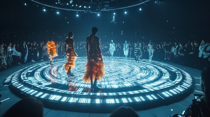 A fashion show with a circular runway, models strutting in avant-garde futuristic outfits, LED lights embedded in the catwalk, cyberpunk aesthetic