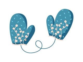 Pair of blue mittens with cute pattern and string flat color vector object. Clothing waiting to warm up cold hands illustration on white