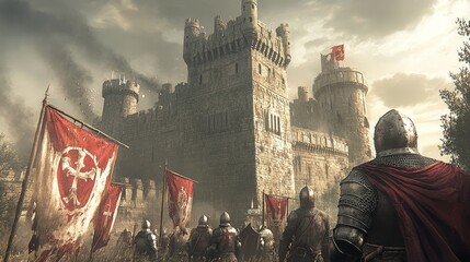 A group of armored knights standing in a circle, banners raised high, with a towering medieval castle in the background, wind sweeping through the scene