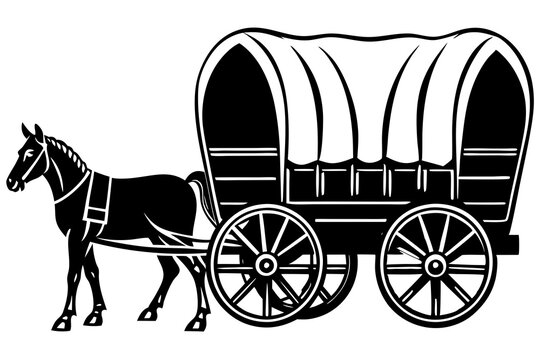 black horse pulling covered wagon clip art preview