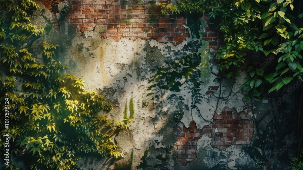 Poster Abandoned Wall with Greenery and Texture Details