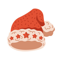 Festive red Santa hat with stars flat color vector object. Knitted accessory for Christmas celebrations illustration on white background