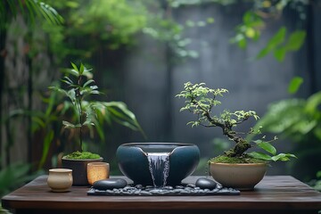 Tranquil indoor garden with bonsai and water features.